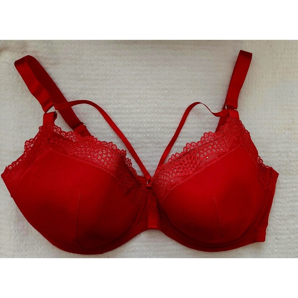 Adore Me Bra Size 40H Red Cage Straps Lined Underwire Lace Trim EUC LP1761